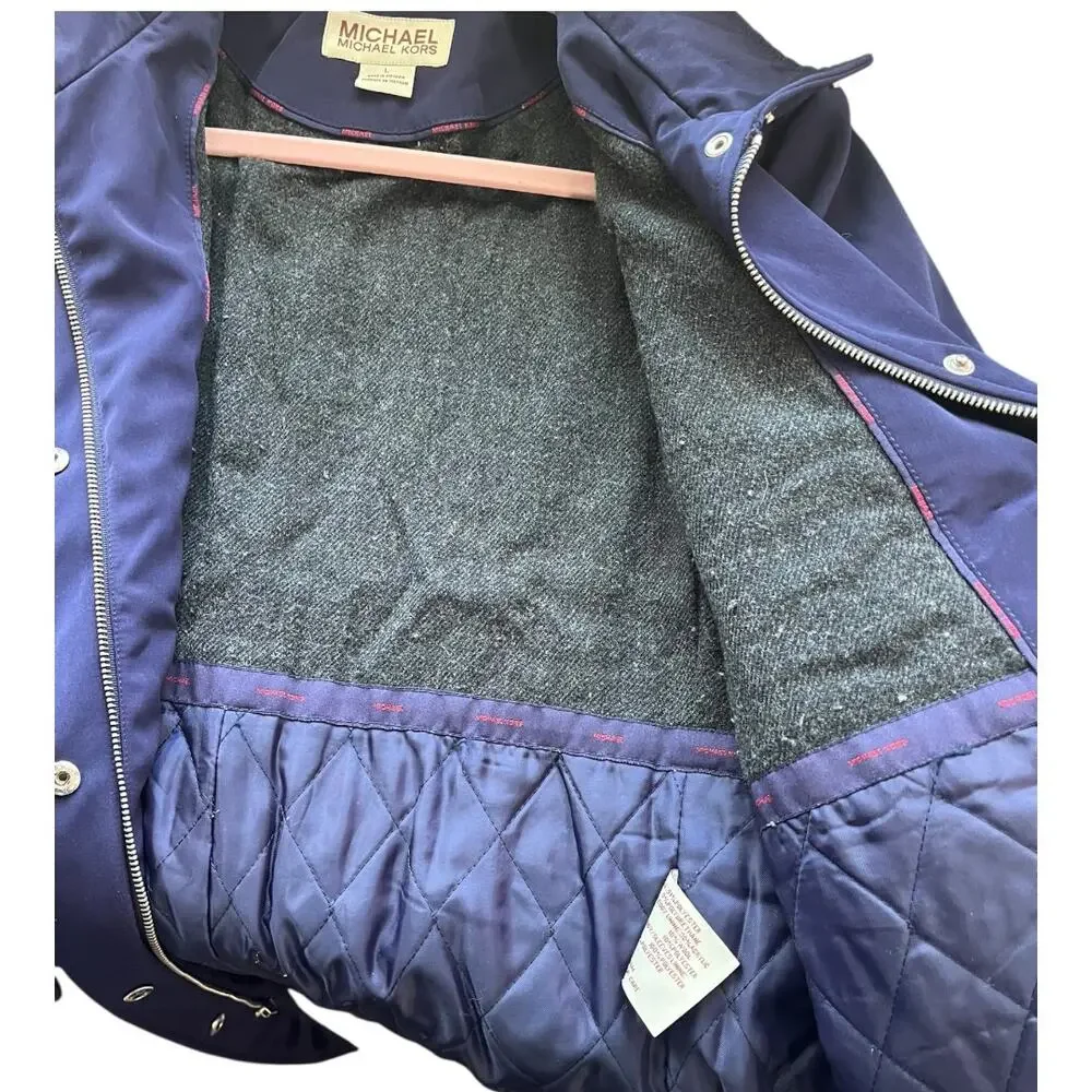 Michael Kors wool blend long quilted filled rain jacket overcoat snap blue Large